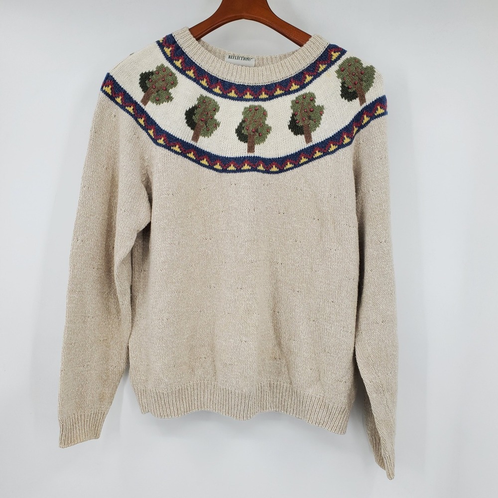 Northern Reflections Vintage 90s Apple Tree 3D Knit Sweater L Cottagecore Fall